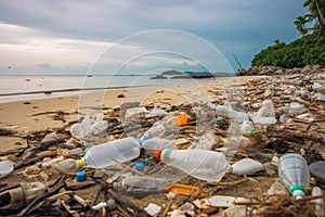 plastic bottles and other garbage on a beach in an tropical area