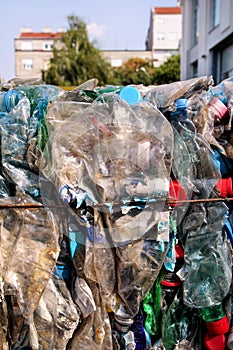 Plastic bottles on pile, ready to get recycled. Recycling of old plastic bottles. Pile of packed and recycling.