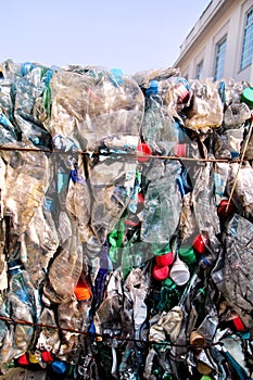 Plastic bottles on pile, ready to get recycled. Recycling of old plastic bottles. Pile of packed and recycling.