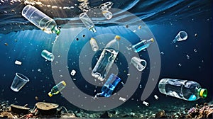 Plastic bottles and plastic parts float underwater in the ocean and pollute the sea, beaches and the wildlife photo