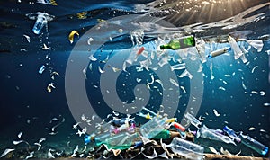 Plastic bottles and plastic parts float underwater in the ocean and pollute the sea, beaches and the wildlife photo