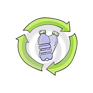 Plastic bottles in recycle sign. Color doodle icon. Hand drawn simple illustration of garbage recycling, bio degradable packaging