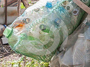 Plastic bottles recycled pressed in a mesh