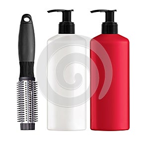 Plastic bottles shampoo and comb isolated on white