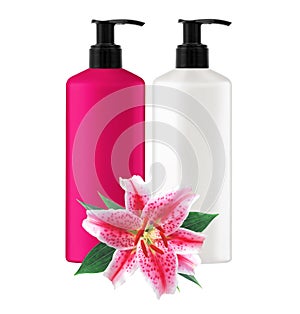 Plastic bottles shampoo and pink lilly isolated on white