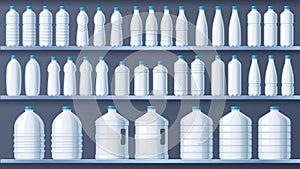 Plastic bottles on shelves. Bottled distilled water shelf, liquid drinks and pure mineral water store vector