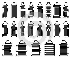 Plastic bottles silhouette icon. Mineral water drink bottle, cooler pure liquids package stencil vector icons set