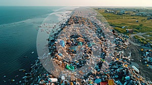 Plastic bottles and trash on beach. Environmental conservation concept