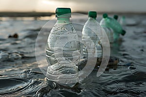 Plastic bottles trash garbage, water ocean sea coastline. Plastic environmental pollution concept..