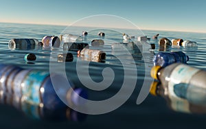 Plastic bottles and trash in the river water. Environmental pollution.