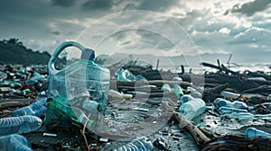 The polluted beach with plastic.AI generated image