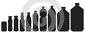 Plastic bottles of various sizes. Set of vector illustrations. B