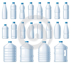 Plastic bottles. Water cooler bottle, PET package for liquids and soda drink beverage vector illustration set