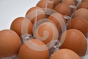 Plastic box of brown eggs