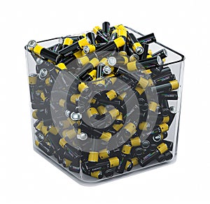 plastic box filled with batteries for recycling - white background