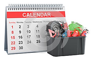 Plastic box full of car tools, equipment and accessories with desk calendar, 3D rendering