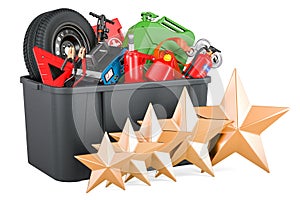 Plastic box full of car tools, equipment and accessories with five golden stars. Customer rating, 3D rendering