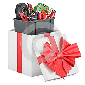 Plastic box full of car tools, equipment and accessories inside gift box, present concept. 3D rendering