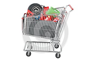 Plastic box full of car tools, equipment and accessories inside shopping cart, 3D rendering