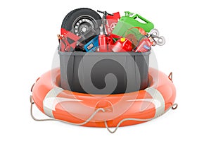 Plastic box full of car tools, equipment and accessories with lifebuoy, 3D rendering