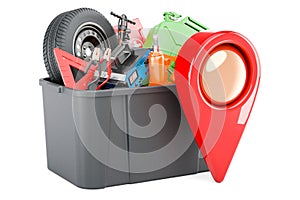 Plastic box full of car tools, equipment and accessories with map pointer, 3D rendering