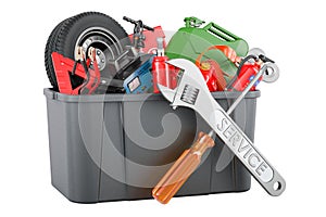Plastic box full of car tools, equipment and accessories with screwdriver and wrench, 3D rendering