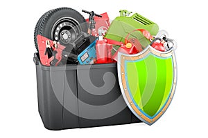 Plastic box full of car tools, equipment and accessories with shield. 3D rendering