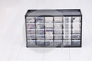 Plastic box tool organizer for nails, screws, bolts and other details