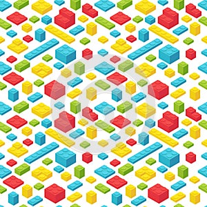 Plastic bricks seamless pattern. Colorful in isometric view. Building blocks for children construction kits. Toy erector