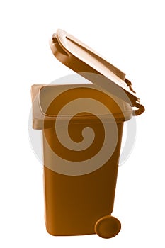 Plastic brown trash can isolated on white background