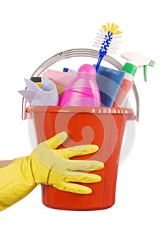 Plastic bucket with cleaning supplies