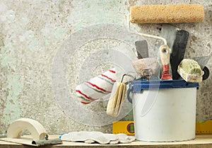 Plastic bucket with construction tools. Renovation concept.