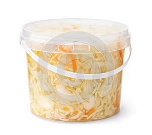 Plastic bucket full of sauerkraut