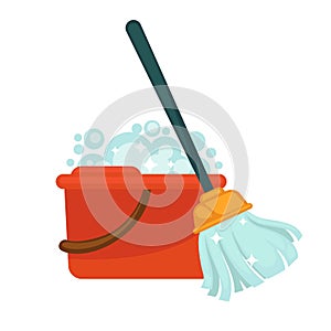 Plastic bucket with handle full of soap and modern mop