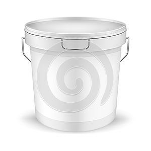 Plastic bucket with lid, metal handle and blank label, vector mockup. Packaging pail container, template