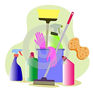 plastic bucket with a mop, hygiene items in the room. Basket with cleaning products for home and kitchen.