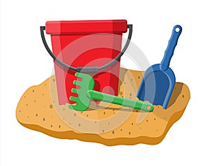 Plastic bucket with rake and shovel