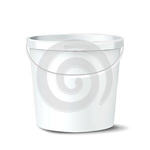 Plastic Bucket Vector. White Claen Empty Blank. Classic Jar With Handle For Paint. Container. Isolated Mockup Realistic