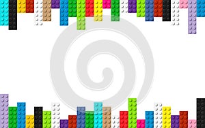 Plastic building toy blocks background. Construction plate. Close-up of a colorful bricks viewed from above with free place for