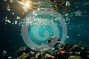 Plastic burdened ocean symbolizes ecological fragility and harm from pollution