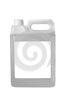 plastic canister with an empty label, highlighted on a white background. Layout of the label, brand and packaging design