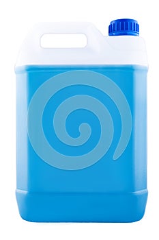 Plastic canister with a handle and a blue lid full of blue liquid.
