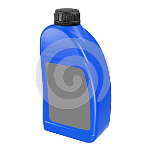 Plastic canister isolated on white background. Close-up blue canister with a gray label and a black cap. Mockup of label, brand
