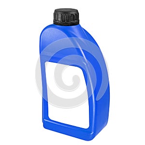 Plastic canister isolated on white background. Close-up blue canister with a white label and a black cap. Mockup of label, brand