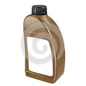 Plastic canister isolated on white background. Close-up brown canister with a white label and a black cap. Mockup of label, brand