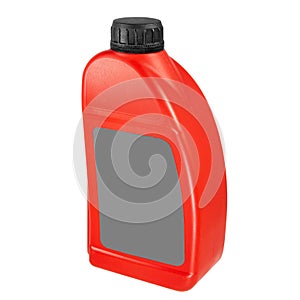 Plastic canister isolated on white background. Close-up red canister with a gray label and a black cap. Mockup of label, brand and