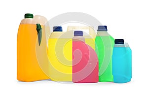 Plastic canisters with different liquids for car