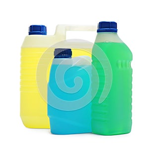 Plastic canisters with different liquids for car