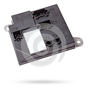 Plastic car engine control unit with connector soaring on a white isolated background is connecting center of various subsystems,