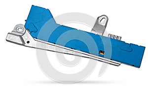 Plastic car engine control unit with metal elements on a white isolated background is the connecting center of various subsystems